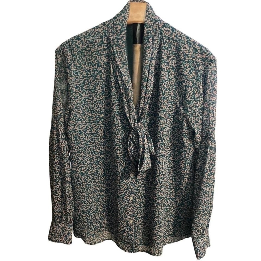 Loft Teal Green Floral Tie Neck Blouse Long Sleeve Button Down Top S